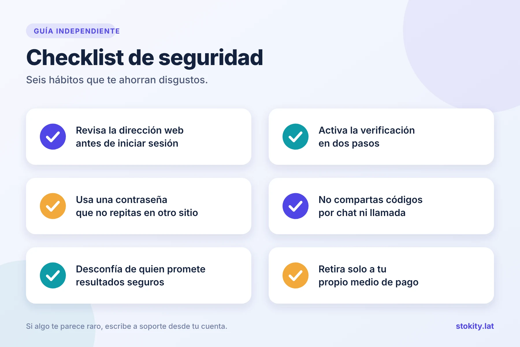 Checklist de seguridad con seis hábitos: revisar la dirección web, verificación en dos pasos, contraseña única, no compartir códigos, desconfiar de promesas y retirar solo a tu medio de pago